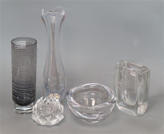 Four items of Orrefors glass and a Sea Glasbrook kosta vase tallest 31cm